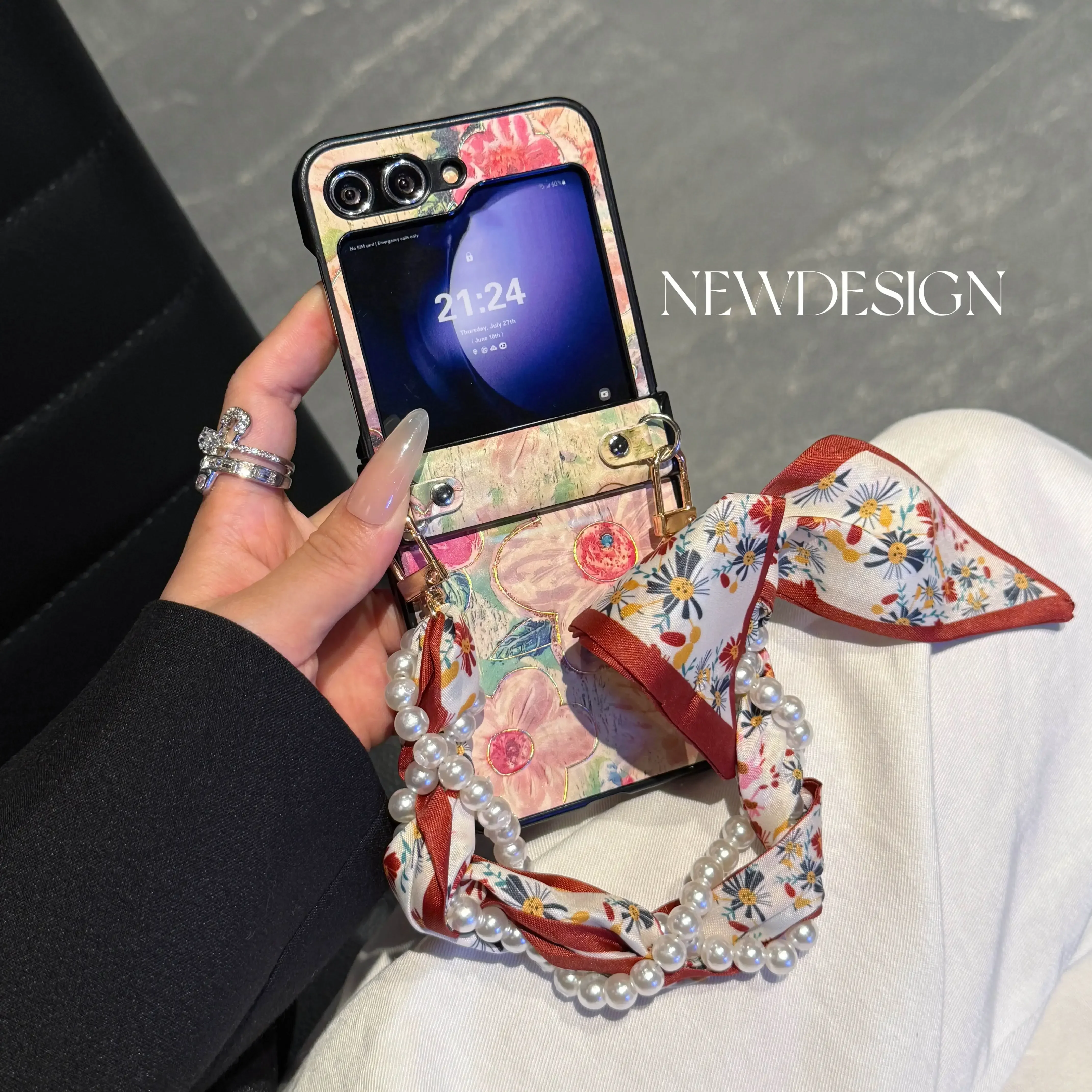 Brązująca skórzana osłona PU i perłowy szalik na nadgarstek Bransoletka z łańcuszkiem do telefonu Samsung Galaxy Z Flip 6 5 4 3