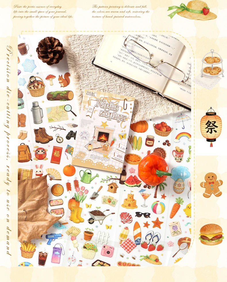 Journal GO 20sheets Mini Watercolor Life Sticker Book Daily Food Home & Music Decal for Journaling Planner Craft & Scrapbooking