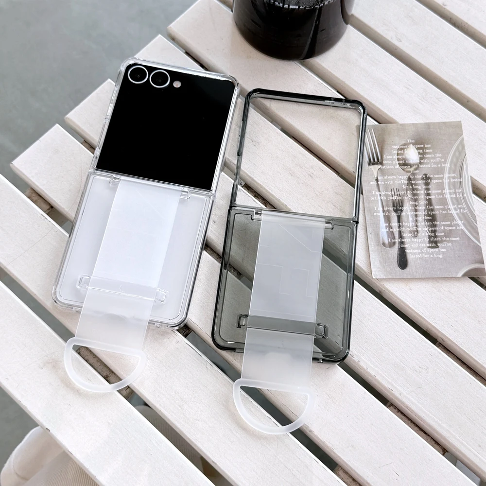 Elastic Wrist Strap Clear Phone Case For Samsung Galaxy Z Flip 7 6 5 With Finger Ring Holder Hard Plastic Back Cover