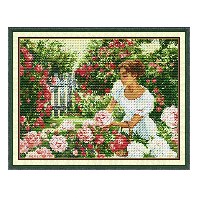 Garden Girl Patterns Counted Cross Stitch Set DIY 11CT 14CT 16CT Stamped DMC Cross-stitch Kit Embroidery Needlework Home Decor