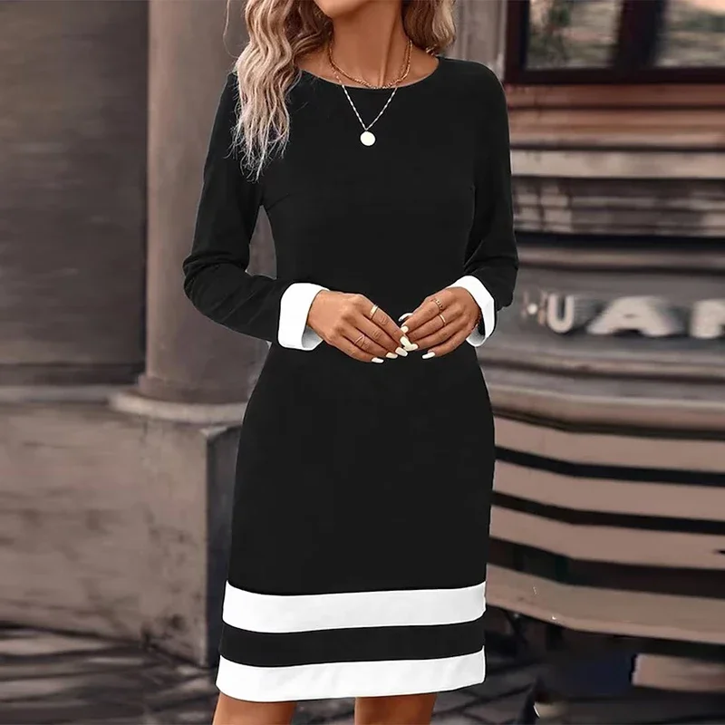 2024 New Spring Autumn Elegant Lady Office Dress Women O Neck Long Sleeve Striped Print Mini Dresses For Women Party Dresses