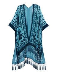 Wehello-Bohemian Stil Samt Kimono lange Blumen Strickjacke Samt lose Ruhe Quaste Urlaub Schal JYPF-51