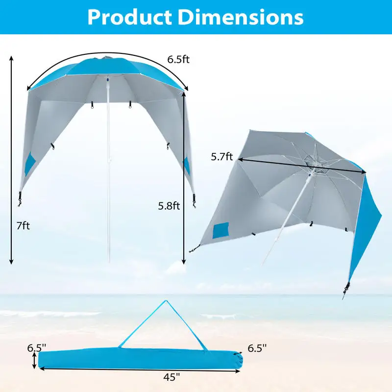 2 In 1 Beach Umbrella Tent With Side Panels, Silver Coated Oxford Cloth Sun Shelter With Vent, Portable Shade Canopy For Camping Fishing Picnic, Turquoise
