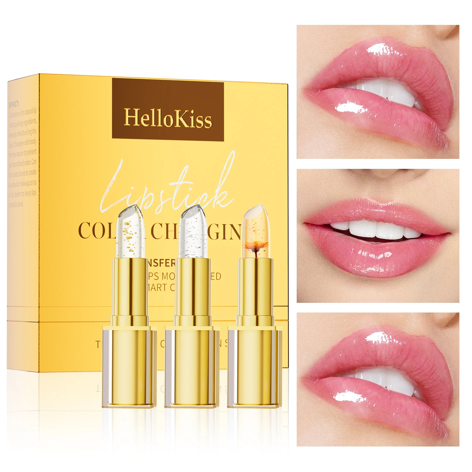

Gold foil color changing lipstick, 3 packs of moisturizing temperature changing lipstick, easy to color, lip gloss
