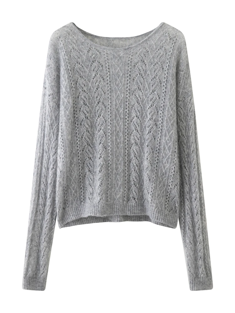 CHICUU-suéter de Cachemira calado para mujer, jersey de manga larga con cuello redondo, 100% de punto de Cachemira, Tops de moda para primavera y otoño