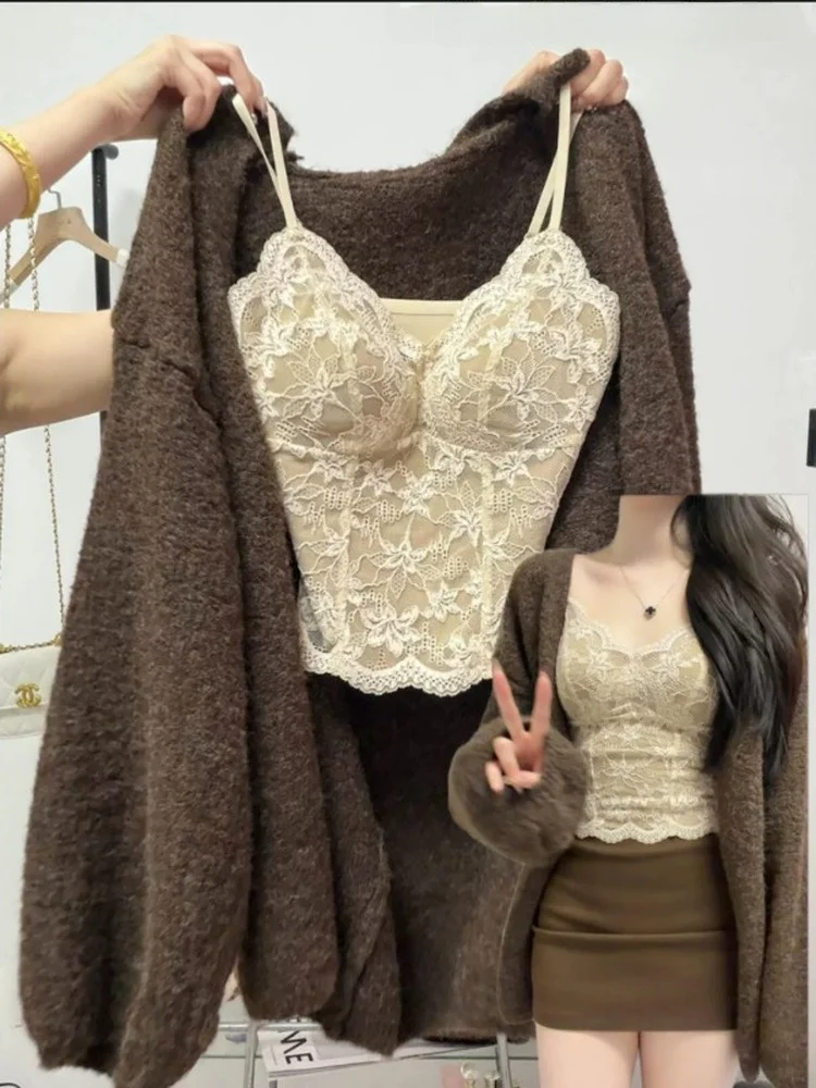 Women's Lace Crop Top Thermal Vest Inner Wear Small Strap Vest Winter Warm Pure Desire Spicy Girl Base Shirt Beautiful Back