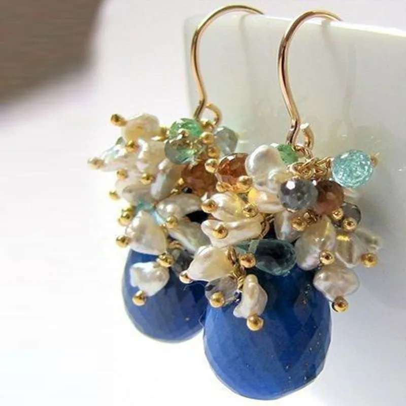 淡水パールとラピスラズリストーンのハンドメイドドロップイヤリング-レディースジュエリー