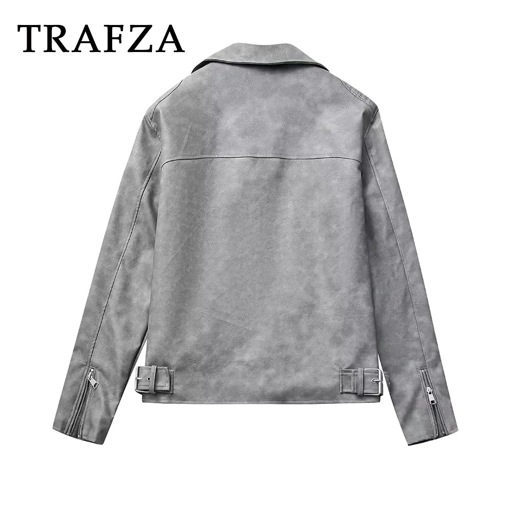 TRAFZA 2023 Casual donna autunno inverno solido giacca moda Streetwear grigio allentato colletto rovesciato cerniere cappotto invernale per le donne