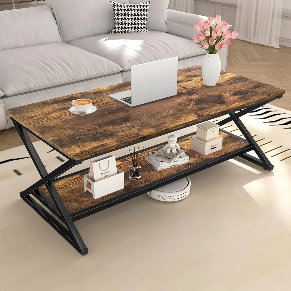 

Rustic Brown Coffee Table with Storage Shelf and Round Corner, Modern Industrial Wooden Metal Center Table for Living Room, Farm