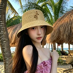 2024 new arrival straw hat for women bucket hat Fashion Trend Lace Up Fisherman Hat Summer Outdoor Leisure Sunshade Hat