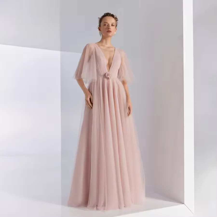 

Customized Simple Tulle Evening Dresses Deep V-Neck Short Sleeve A-line Backless Prom Gowns Elegant Women's Formal Party Dress