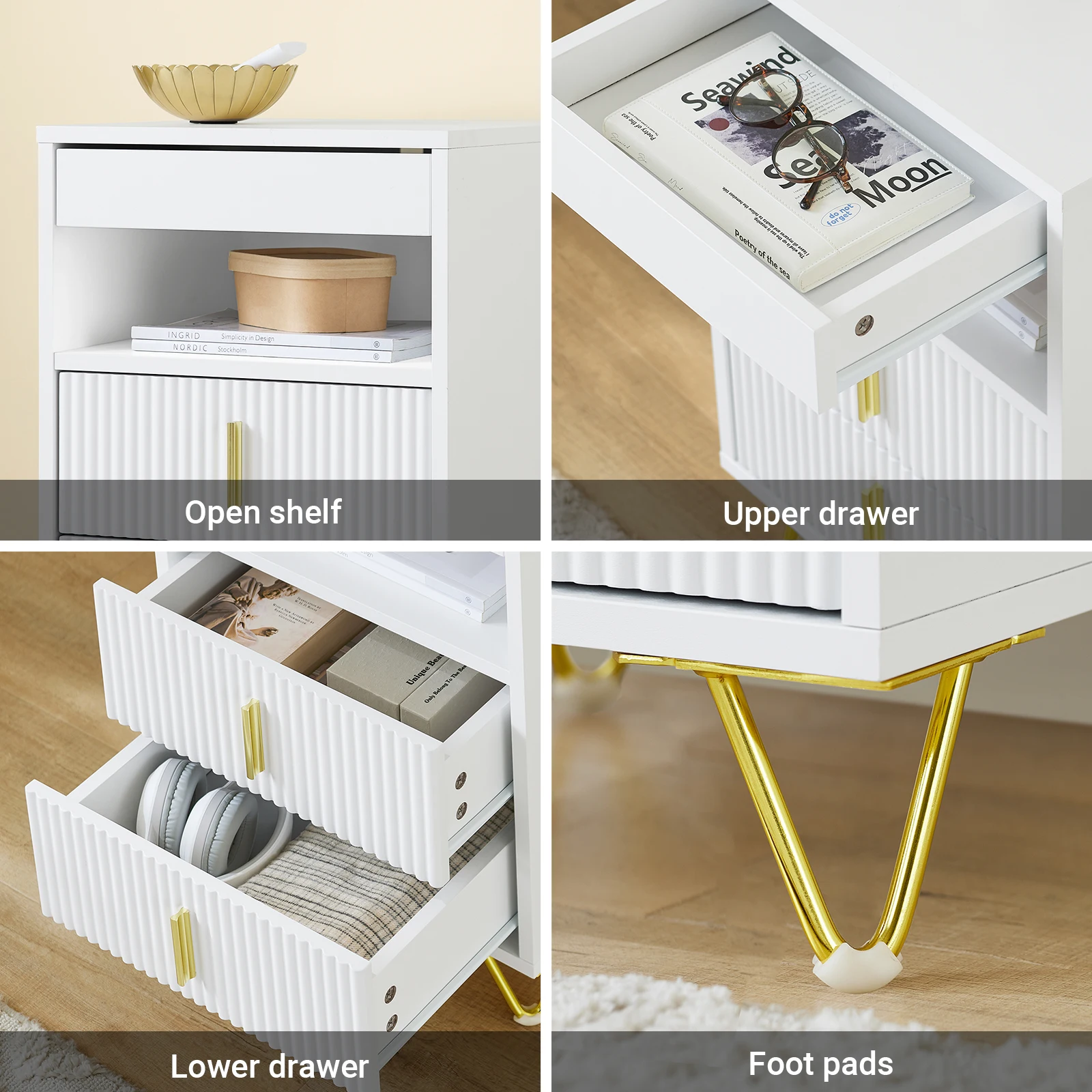 SoBuy FBT168-W Nachttisch, Nachtschrank mit 3 Schubladen und Ablagefach, Moderner Beistelltisch für Schlafzimmer und Wohnzimmer – Detail 10