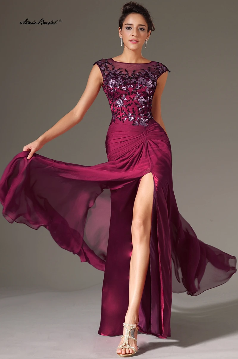 

Sequined Applique Formal Party Gown O Neck Cap Sleeves Burgundy Chiffon Evening Dresses with High Slit