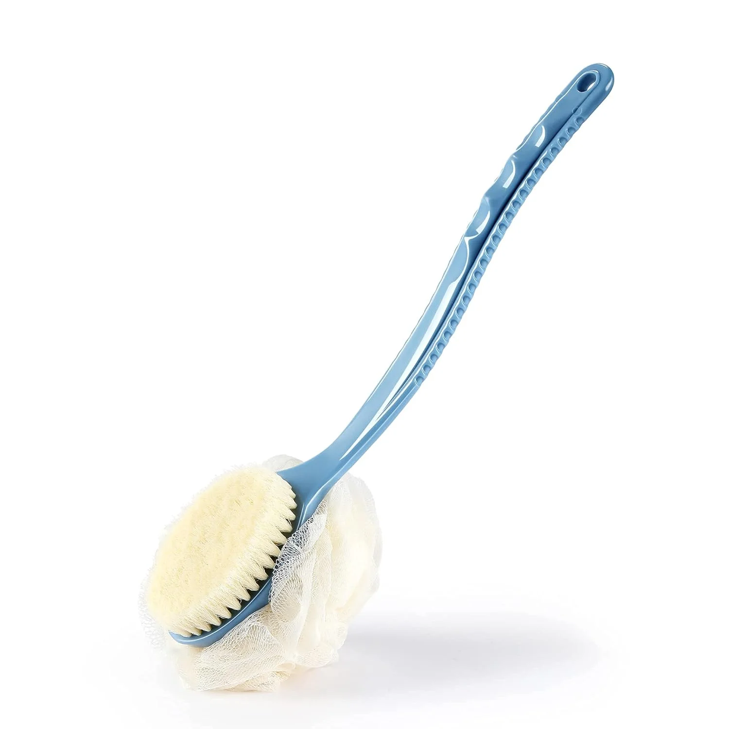 

Shower Body Brush with Bristles and Loofah, Back Scrubber Bath Mesh Sponge, Curved Long Handle, Skin Exfoliating, Massage Bristl