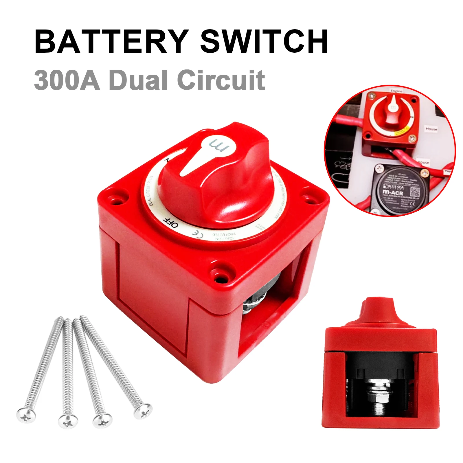 Dual Circuit Battery Disconnect Switch 32V 300A DC with Knob Hazard Marine Boat Battery Switch High Current On Off RV Car Yatch