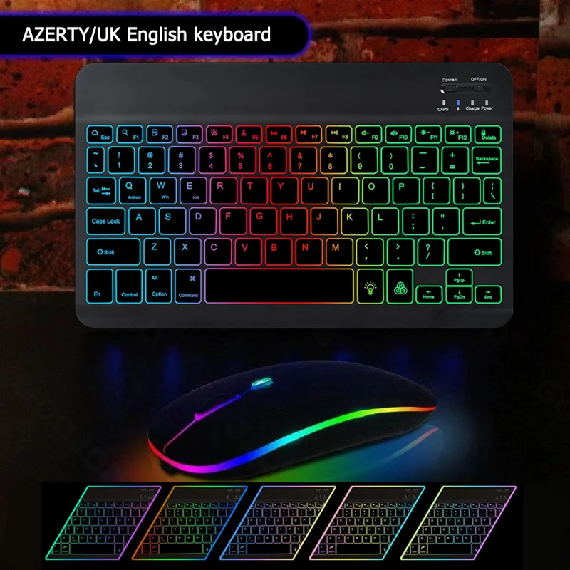 Teclado AZERTY para Tablet de 10'', Teclado Retroiluminado para iPad, Teclado AZERTY Inalámbrico para Android Xiaomi Huawei Samsung