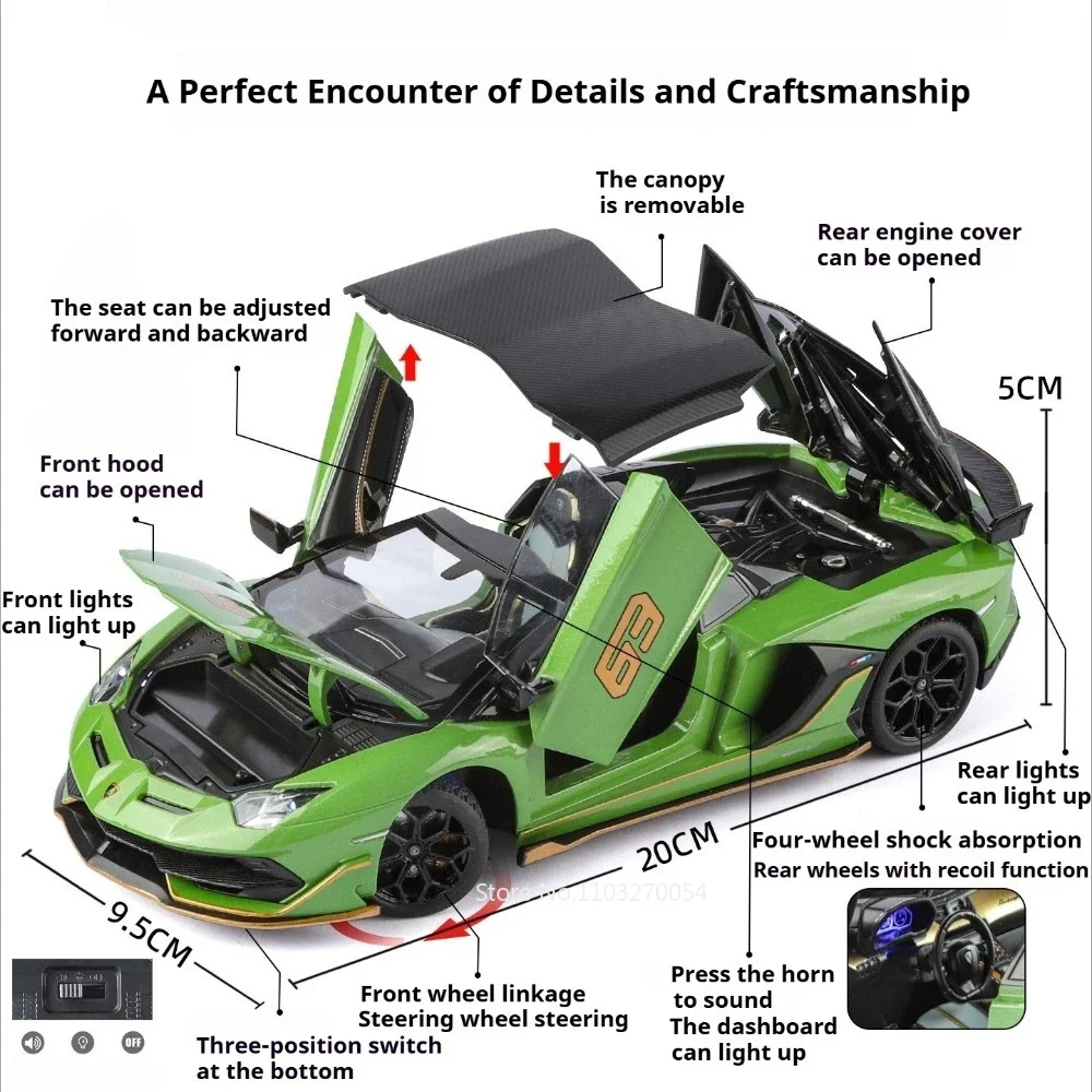 1:24 Lambor SVJ63 SCV12 Miniature Model Alloy Diecast Sports Car Toys Sound Light Pull Back Doors Can Opened Vehice Friend Gifts