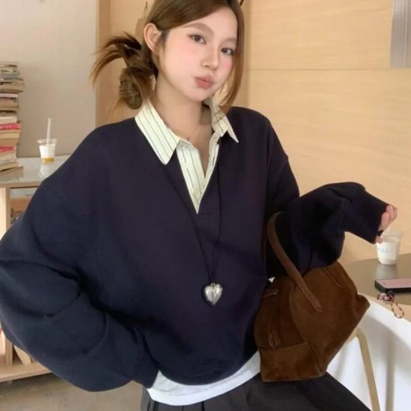 

Korean Style Sweatshirt Cotton Women Early Spring Polo Collar Loose Fit Version False Two-Piece Hoodie New Solid Color Hoodie