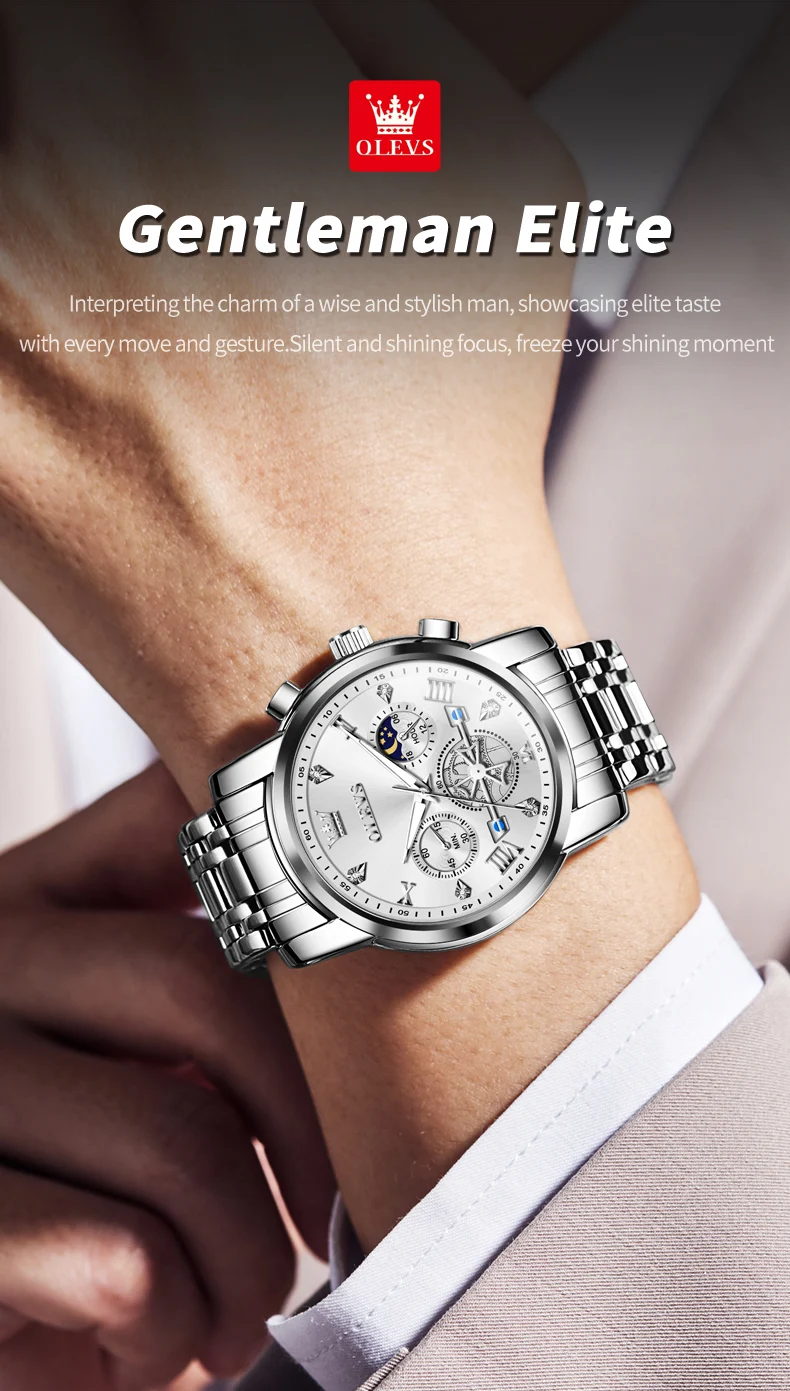 OLEVS 2856 Quartz Watch for Men Flywheel Skeleton Chronograph Moon Phase Multifunctional Stainless Steel Men's Wristwatches