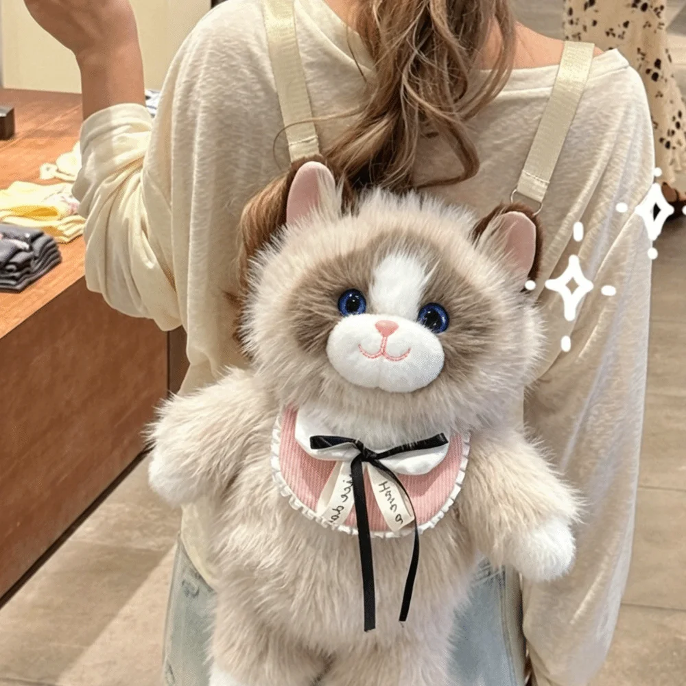 Funny Fur Material Backpack Large Capacity Soft Stuffed Animal Bag Lifelike Fluffy Ragdoll Cat School Bag Birthday Gift