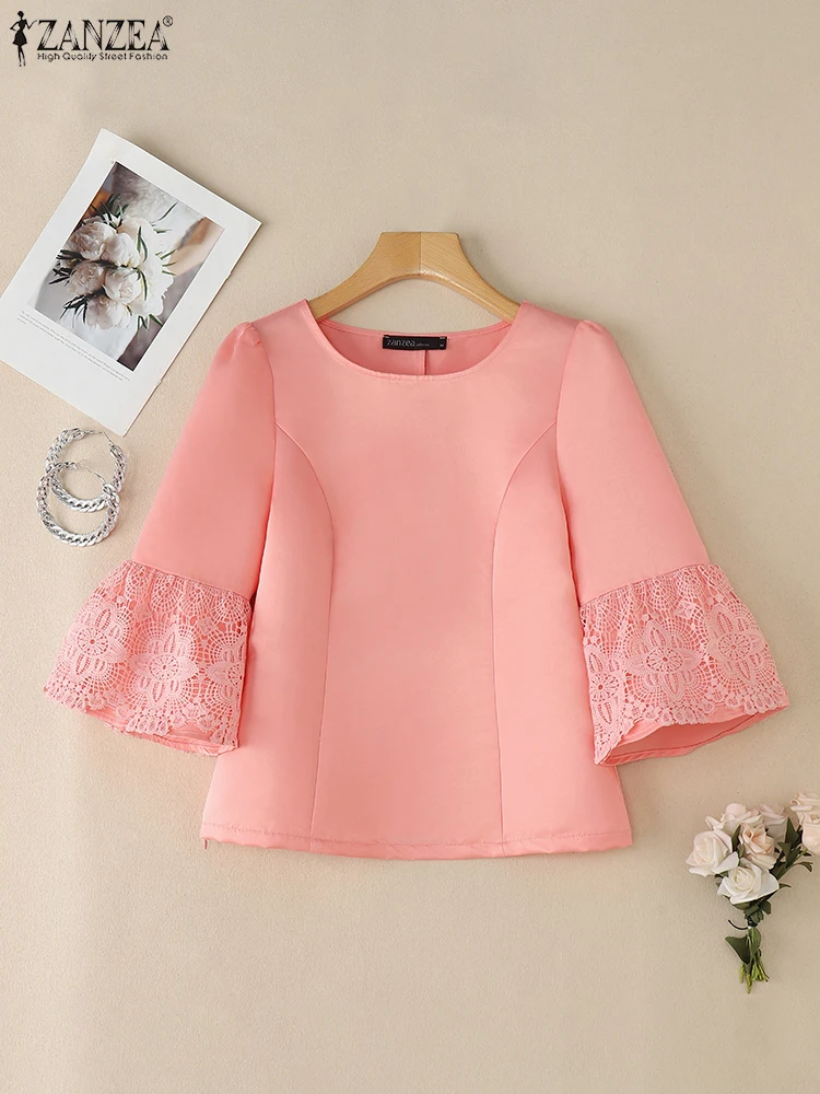 

ZANZEA Casual O-Neck Blouses Womens 3/4 Flare Sleeve Graceful Shiny Satin Blusas Mujer Slim-Fit Lace Patchwork Elegant Tops