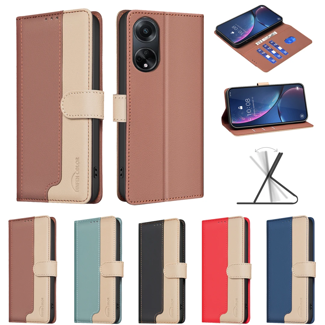 

2024 Colorblock Leather Case Anti-fall Flip Wallet phone Case For OPPO A60 A59 A79 A98 4G/5G Realme 12/11/11X plus Pro Reno 11F