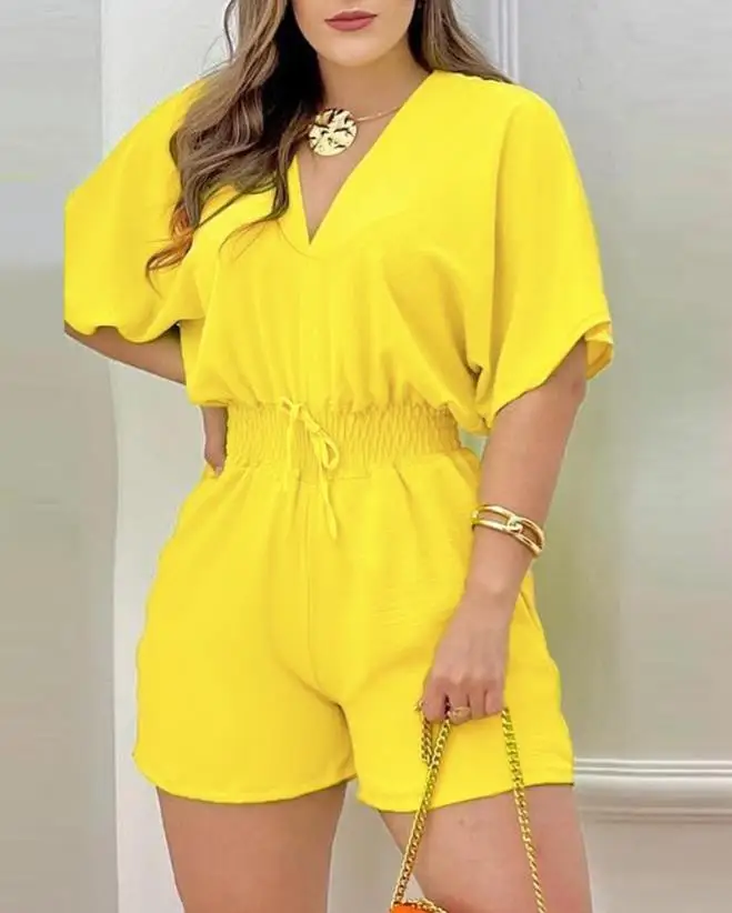 

Jumpsuit Women 2023 Summer Fashion Batwing Sleeve Shirred Waist Casual Plain V-Neck Short Sleeve Above Knee Romper Streetwear