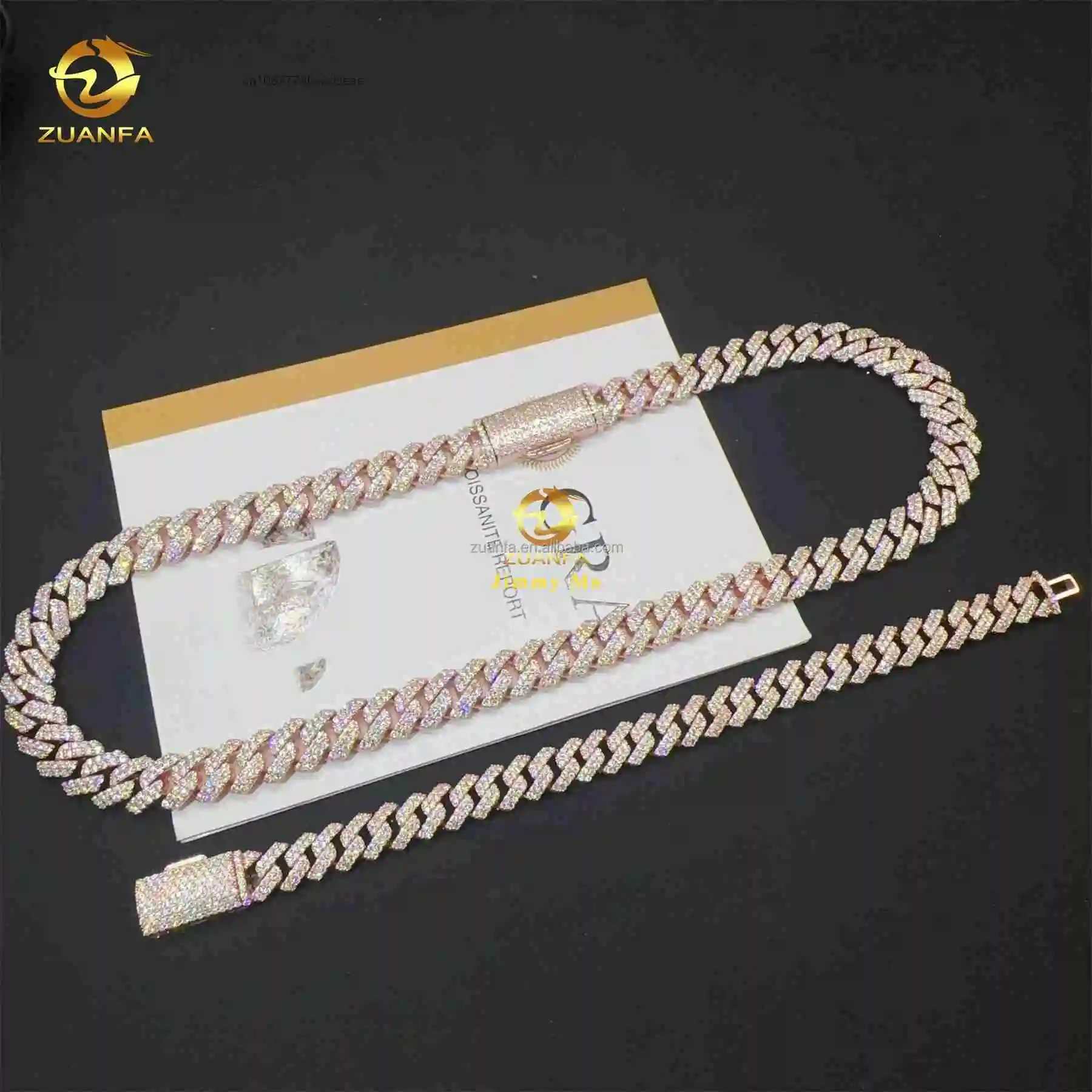 Rose Customized Gold Plated Box 925 Solid Silver 12mm Two Rows Iced Out Hip Hop VVS1 Moissanite Miami Cuban Link Chain..