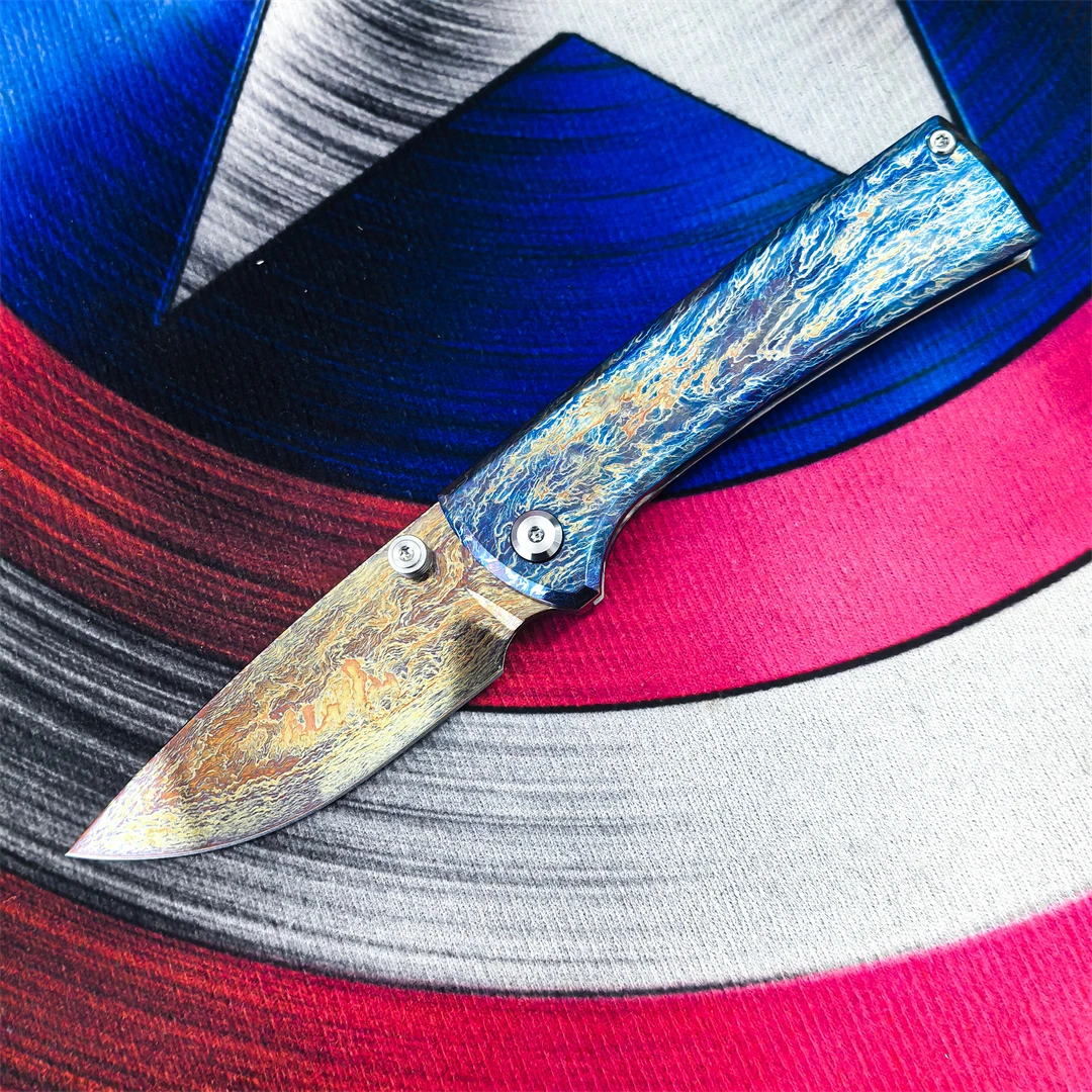 D2 Steel Gold Thunder Pattern Folding Knife TC4 Titanium Alloy Handle Camping Outdoor Survival Fishing Hunting EDC Defense Tool