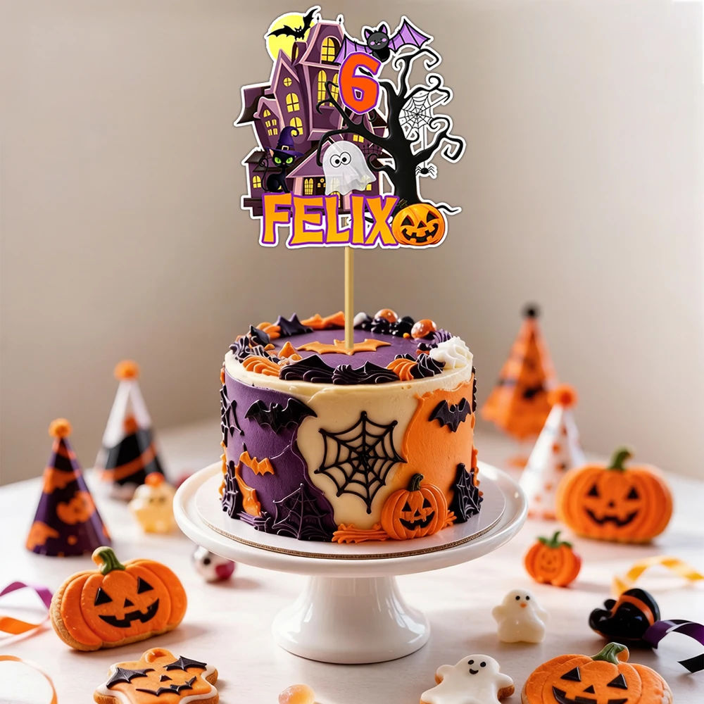 1pc Celebrate Halloween Birthday Cake Topper - Spooky Castle Bat Pattern Design, Customized Age & Name, Halloween Decoration