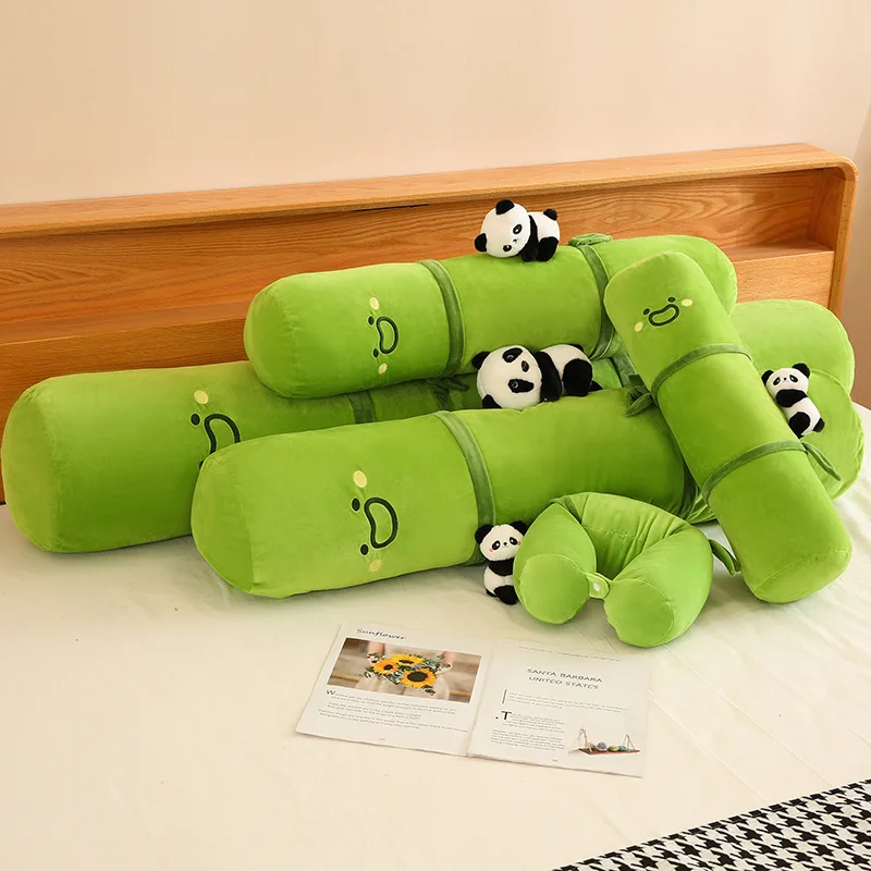 Creative Multifunctional Bamboo Tube Panda Neck Plush Pillow Toy Cute Soft Stuffed Sleeping Cushion Doll Gifts Home Room Decor