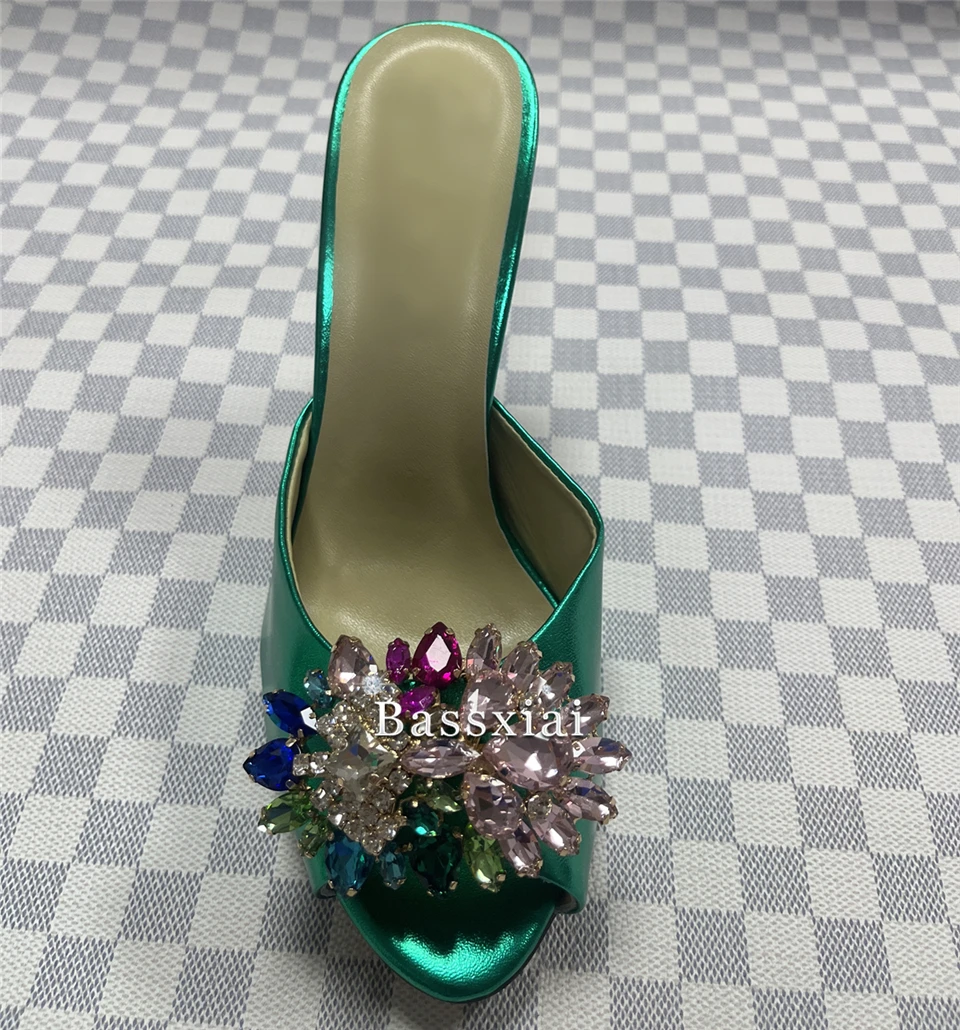 Fivela de strass colorida decoração mulas para meninas, sandálias de salto, couro genuíno para mulheres, salto estilete de 10cm, verão