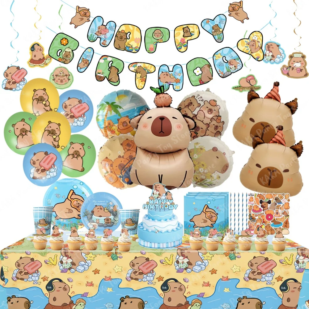 Capybara Birthday Decorations Balloons Paper Disposable Tableware Cup Plate Baby Shower Kids Cute Capibara Party Supplies Toys