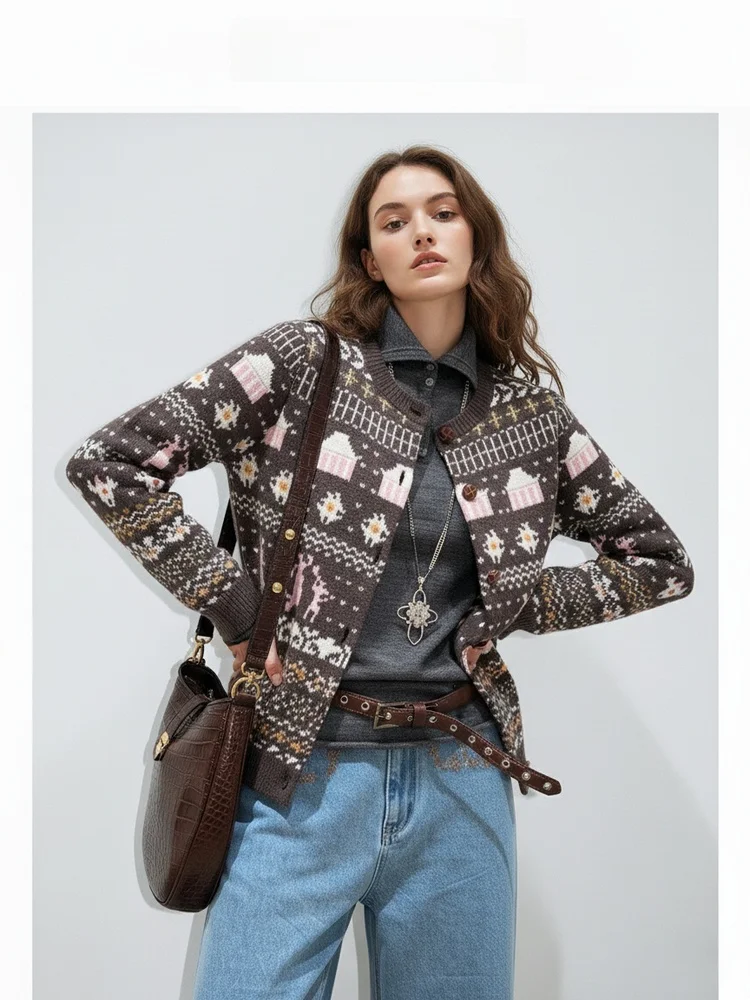 

Женский вязаный кардиган с круглым вырезом, из смешанного волокна, с бахромой, осенне-зимний, модный, с цветными и мультяшными узорами