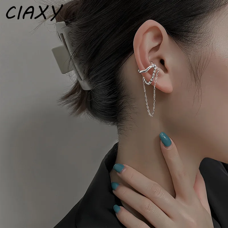 CIAXY Silver Color Right Ear Clip with Zircon Double Chain Tassel Fake Earrings Ear Cuffs for Women Hiphop Rock Jewelry