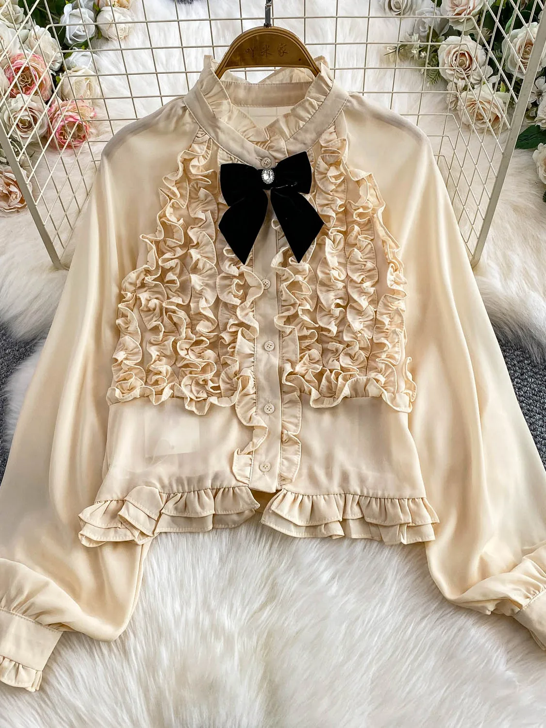 

Женская блузка в стиле ретро Court Sle irt Sweet Personali с воротником-стойкой и воротником-фонариком Све, кружевная подол с цветочным принтом, весна...