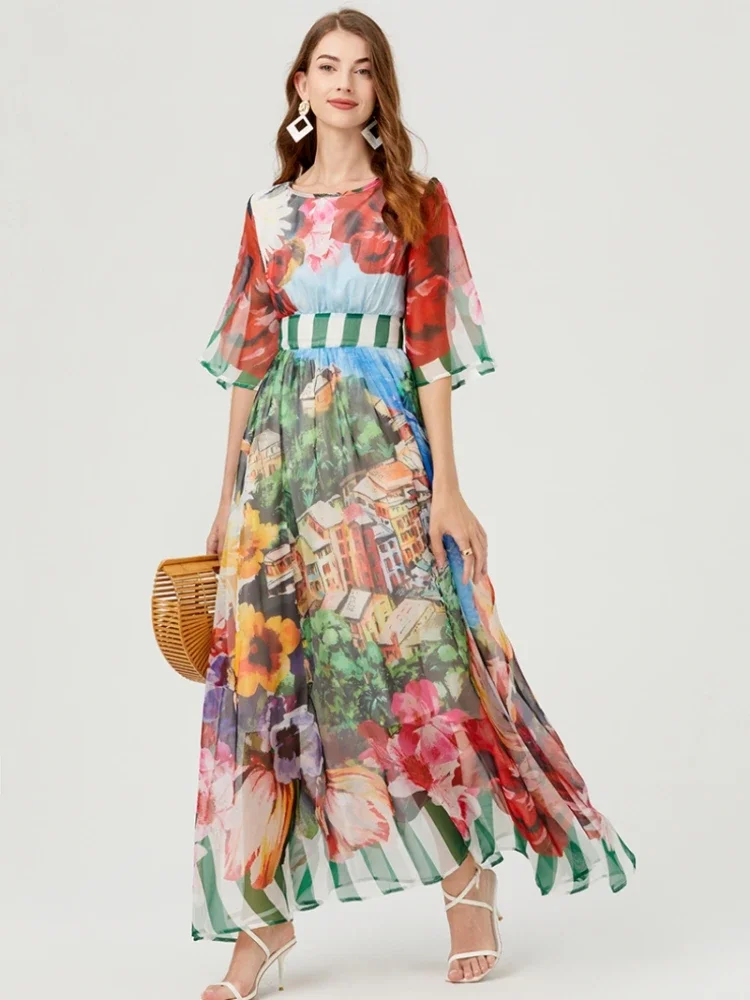 

TRAF Summer Holiday Chiffon Dresses Europe and America Women Half Sleeve Backless Lace-Up Floral Print Runway A- Line Maxi Dress