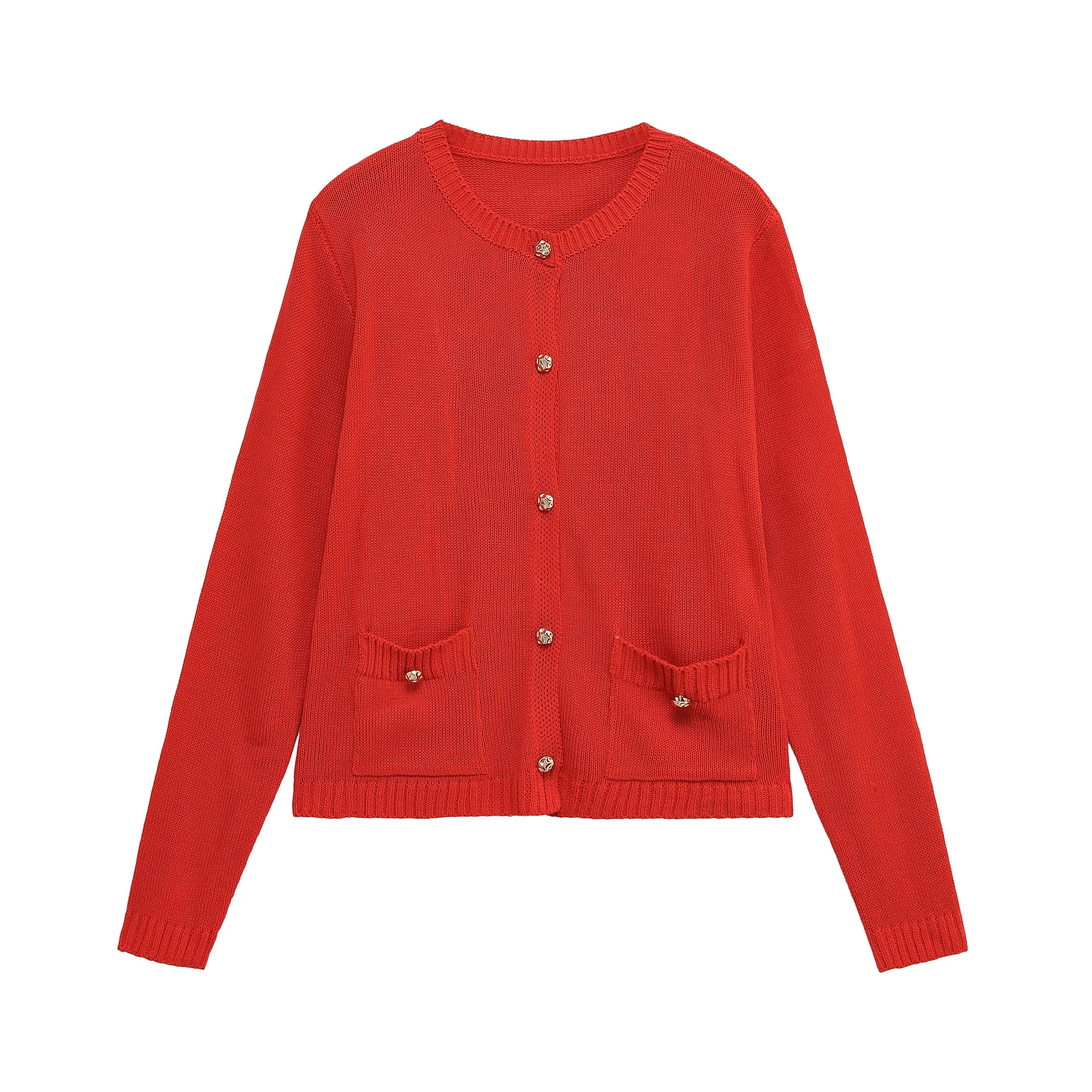 

New European and American women's fashion gold-breasted knitted jacket simple style top