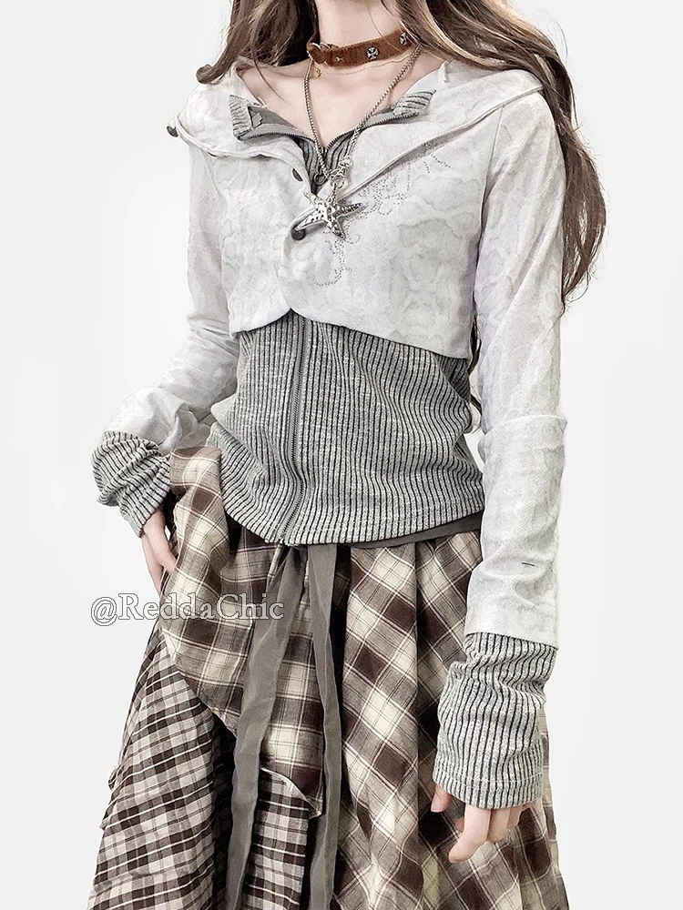 سترة بغطاء للرأس من REDDACHiC سترة Y2k جمالية من حجر الراين وأكمام طويلة سترة بقلنسوة ملابس خريفية عتيقة #2