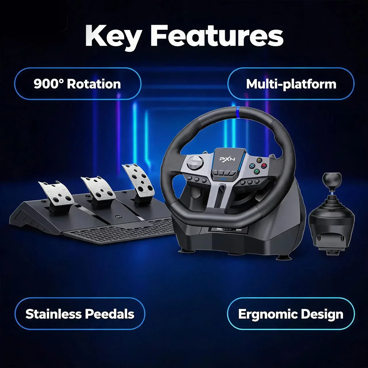 New V9 Gen2 Gaming Steering Wheel for PC PS4 Switch with Handbrake Brake Pedal Clutch Gas Pedal