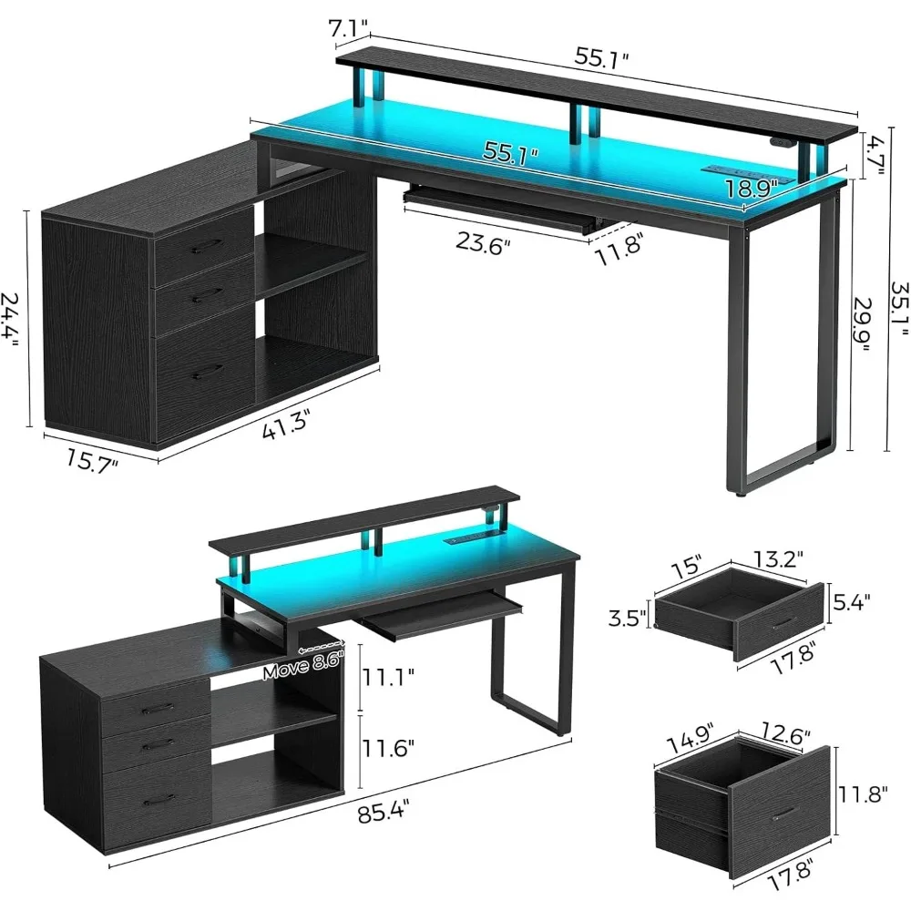 Computer Desk with Drawers and Power Outlet, Black Reversible L Shaped Desk with LED Strip & Keyboard Tray, 55 Inch Home