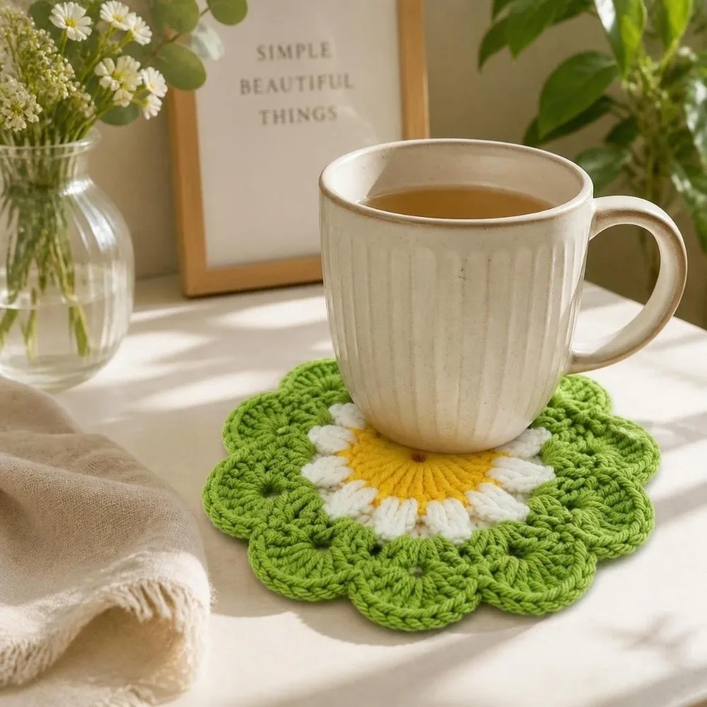 Ins Style Knitted Crochet Flower Coasters Heat Resistant Handmade Trivet Mats Home Decor Non Slip Coffee Cup Mat Coffee Cup Use
