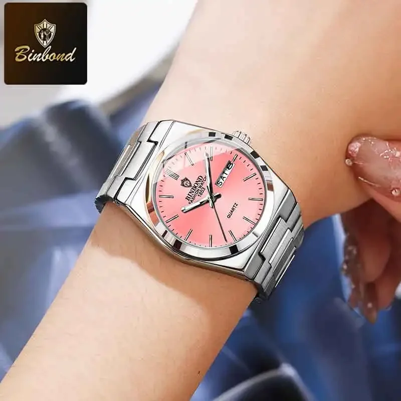 BINBOND العلامة التجارية الفاخرة أزياء المرأة كوارتز ساعة جديدة الفولاذ المقاوم للصدأ الرياضة الأصلية للماء ليلة ضوء التاريخ السيدات ووتش