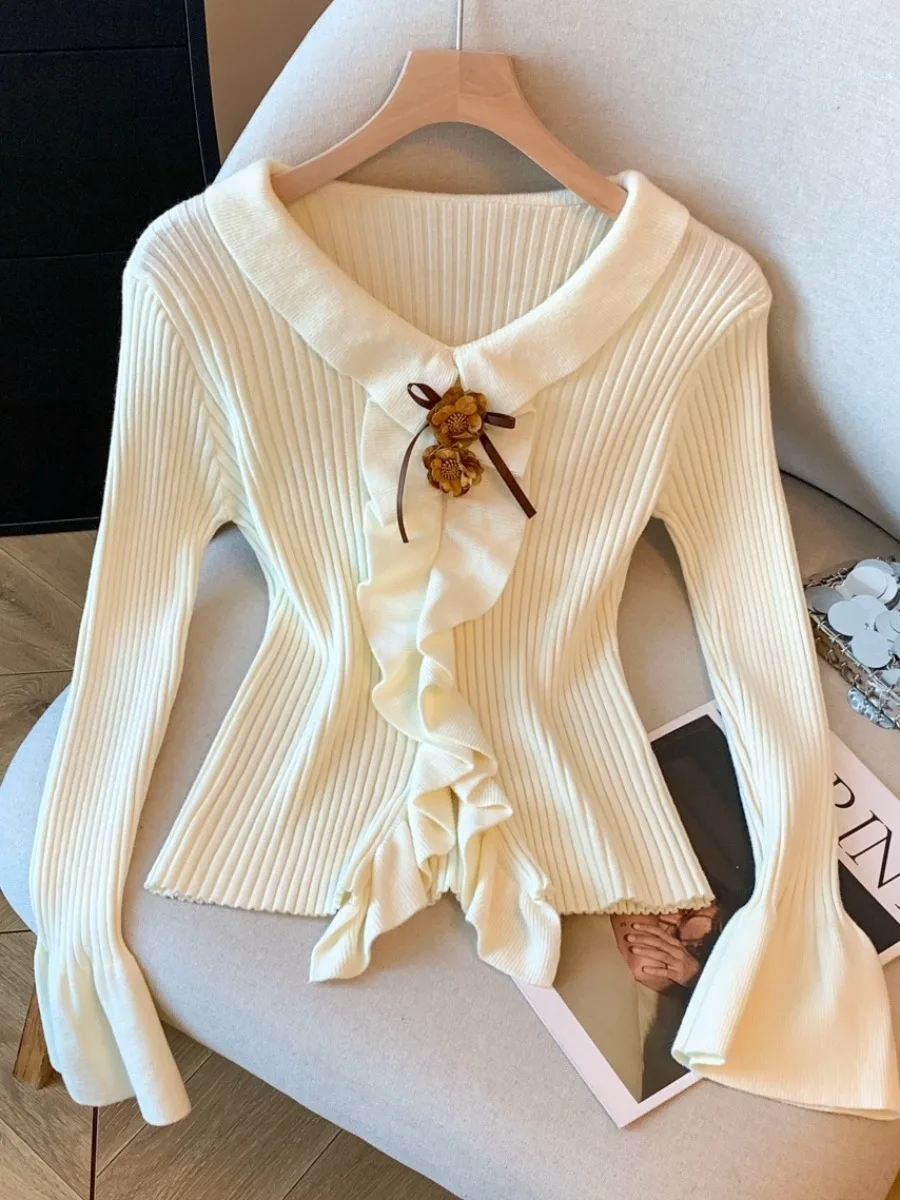 Damen V-Ne Strickwaren Long Sve Bell Sve Bouffant Saum Self-Reserve Sle Koreanische Version Slim Fit Winter Neu eingetroffen