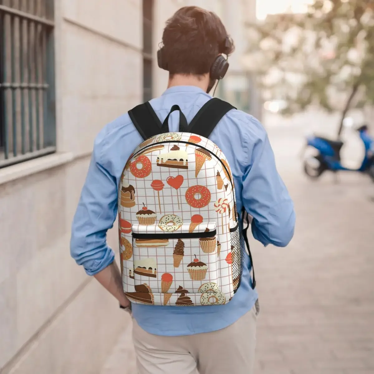 Ice Cream Donut In Pink Grid Background Student Backpack School Bag Hiking Travel Daypack for Boys Girls Bookbag Shoulder Bags