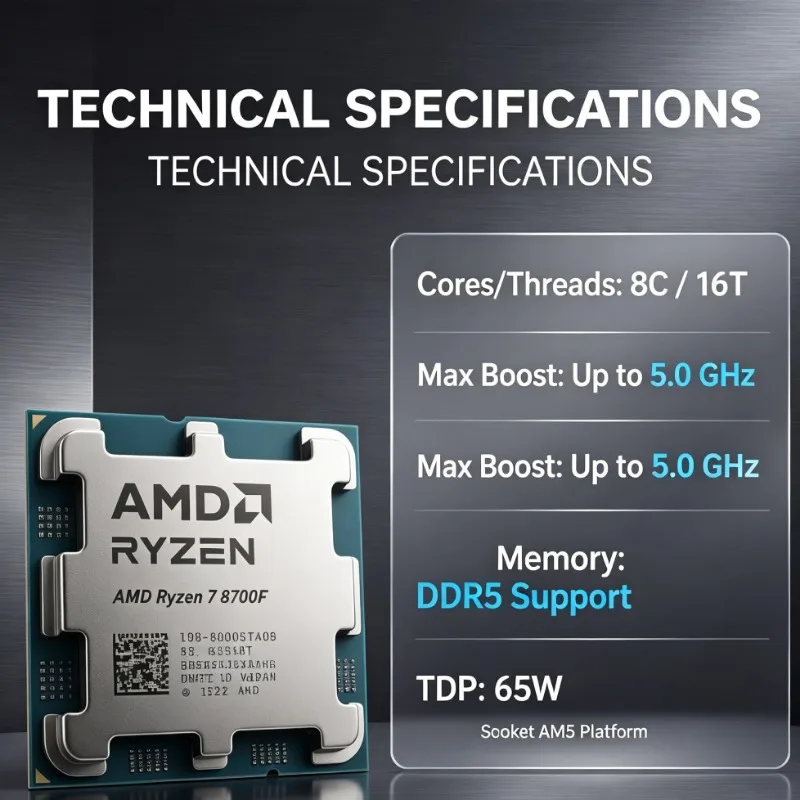 Socket AM5 Ryzen 7 8700F Desktop CPU 4.1GHz 8‑Core 16‑Thread 16M 65W 4NM DDR5  Without Cooler No IGPU For Multitasking Work