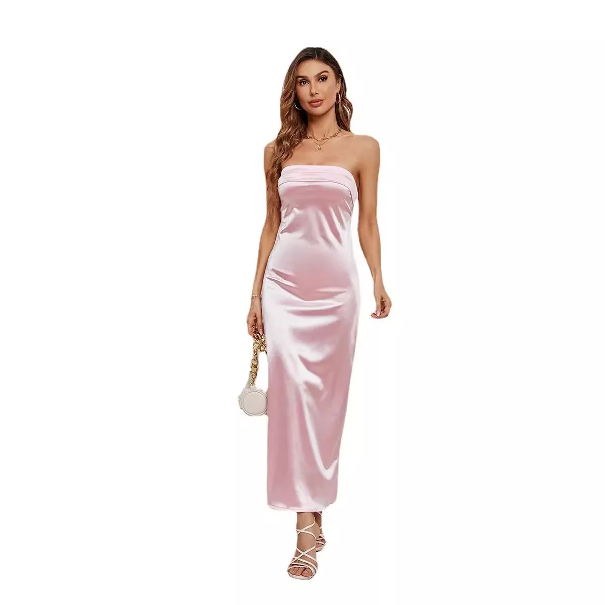 Summer Women's  Color Wrap Chest Elastic Ba Satin Dr High Waist Long Skirt No Sve High Waist European Sle Dr