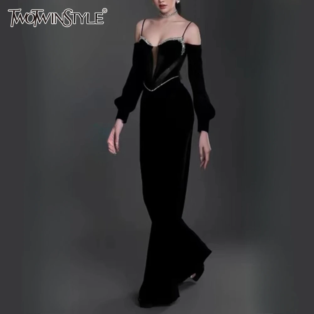 

TWOTWINSTYLE Spliced Sheer Mesh Jumpsuit for Women Square Collar Off Shoulder Long Sleeve High Waist Sexy Chic Jumpsuits Female