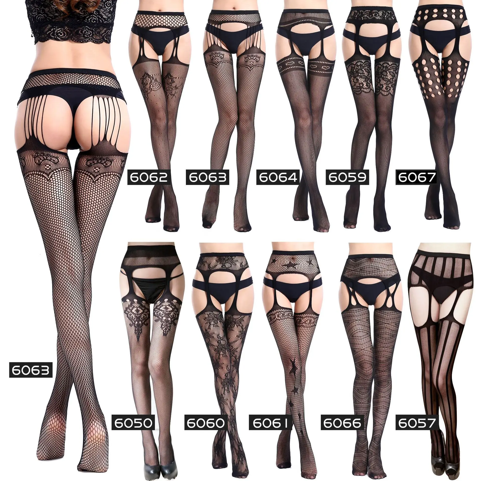 Sexy Women Stockings Fishnet Tights Transparent Crotchless Pantyhose Thigh High Elastic Embroidery Stocking with Garter Belt