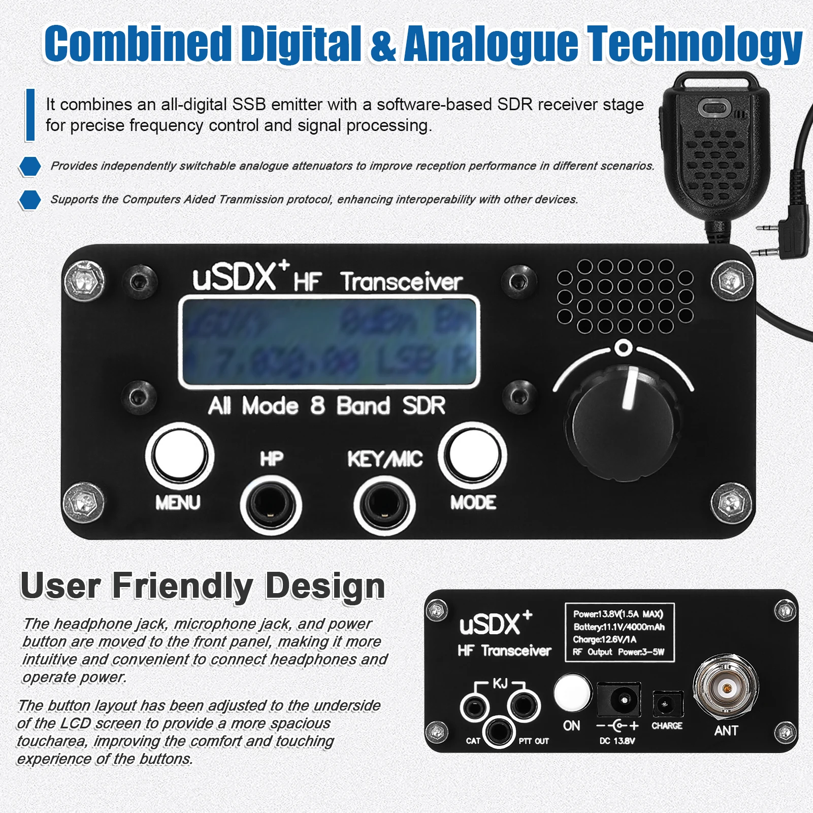 uSDR uSDX+ Plus V2 10/15/17/20/30/40/60/80m 8 Bands SDR All Mode High Frequency SSB QRP Transceiver with BNC Antenna Connector